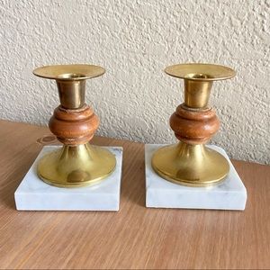 MCM Brass, Wood & Marble Candle Holders